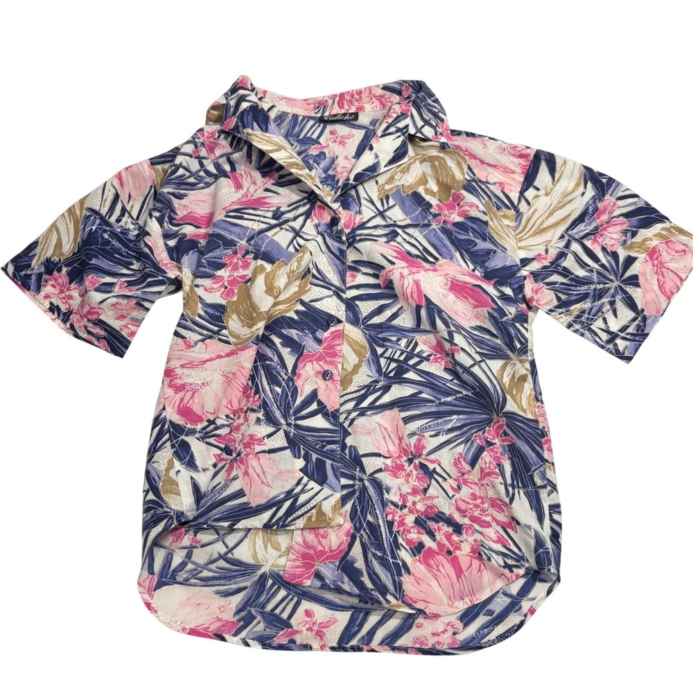 Caliche‎ Womens Tropical Floral Short Sleeve Button Down Shirt Pink Purple 21x26
